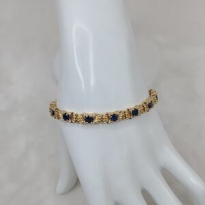 Vintage Luxe Dainty Feminine 14K Yellow Gold/Blue Sapphires Tennis Link Bracelet